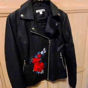 Flower appliqued black "leather" jacket